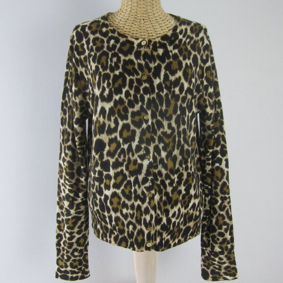 J Crew Womens L Brown Beige Cheetah Animal Print Merino Wool Cardigan Sweater - Picture 1 of 9
